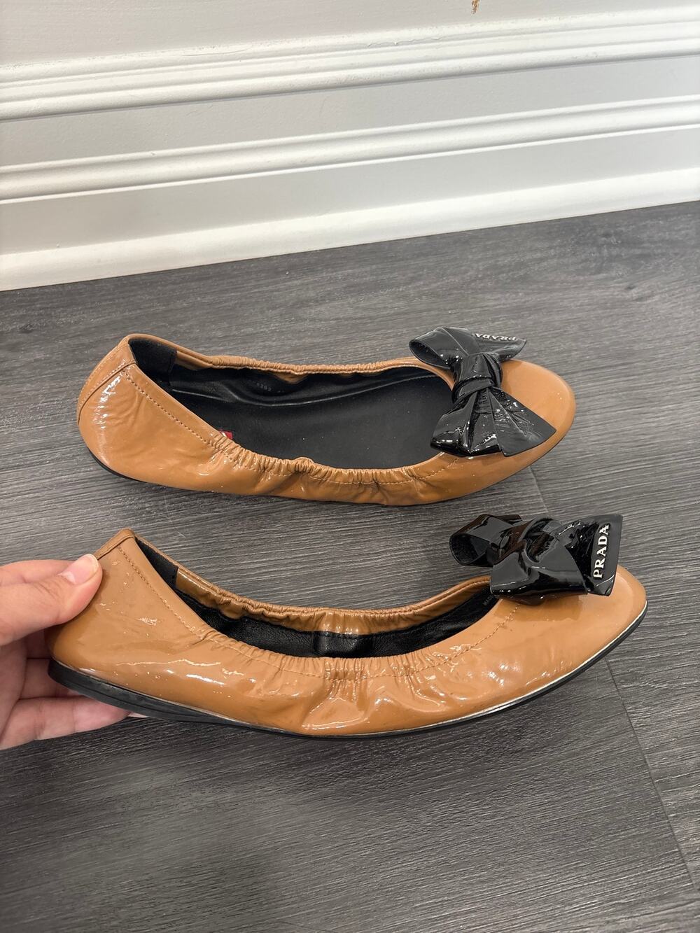 Prada Patent Leather Bow Ballet Flats Tan and Black EU 41 US 11